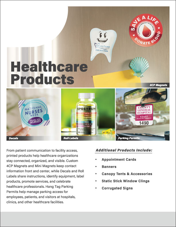 Healthcare products sales sheet featuring custom 4CP magnets, mini magnets, decals, roll labels, and parking permits