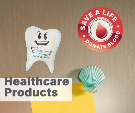 Social shareable with custom tooth-shaped dental magnet and blood donation magnet displayed on a refrigerator